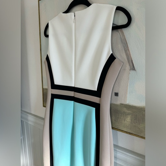 CALVIN KLEIN Scuba Colorblock Sleeveless Sheath Dress Tan Baby Blue Black Size 8 - Picture 5 of 11